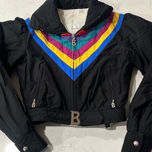 Vintage Bogner Black Ski Jacket with Blue, Yellow, Teal & Purple Chevron